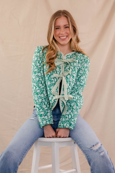 Green Floral Print Coat- Women's Floral Quilt Jacket- Bow Tie Quilted Jacket