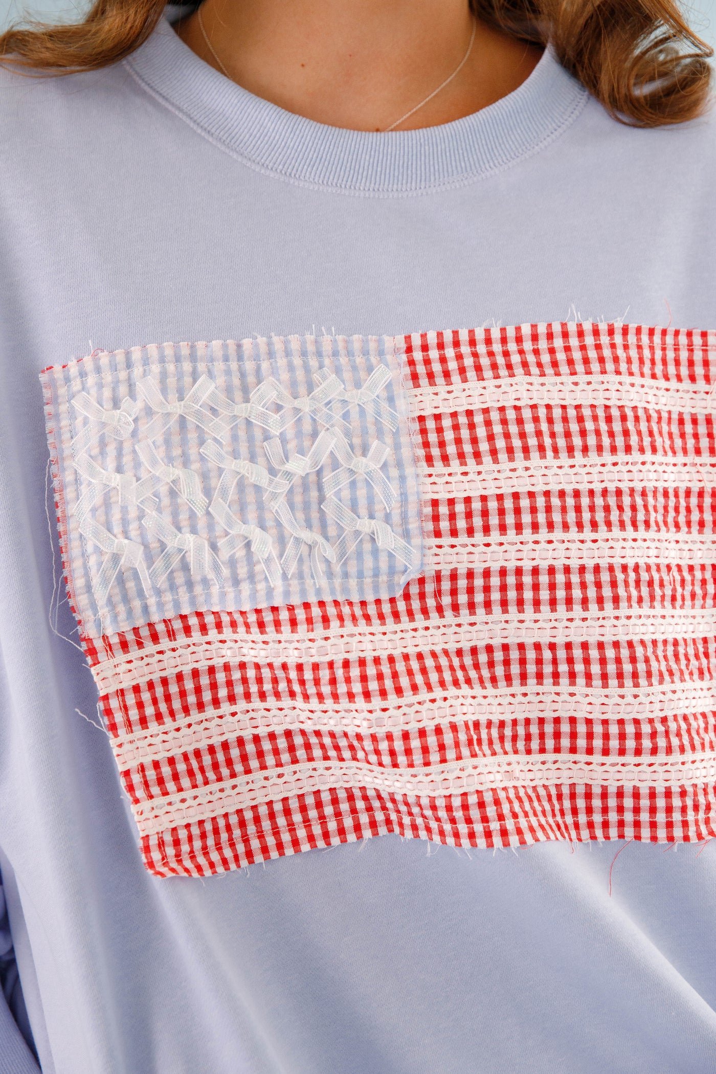 Women's Blue American Flag Pullover- Ribbon and Bow Flag Pullover