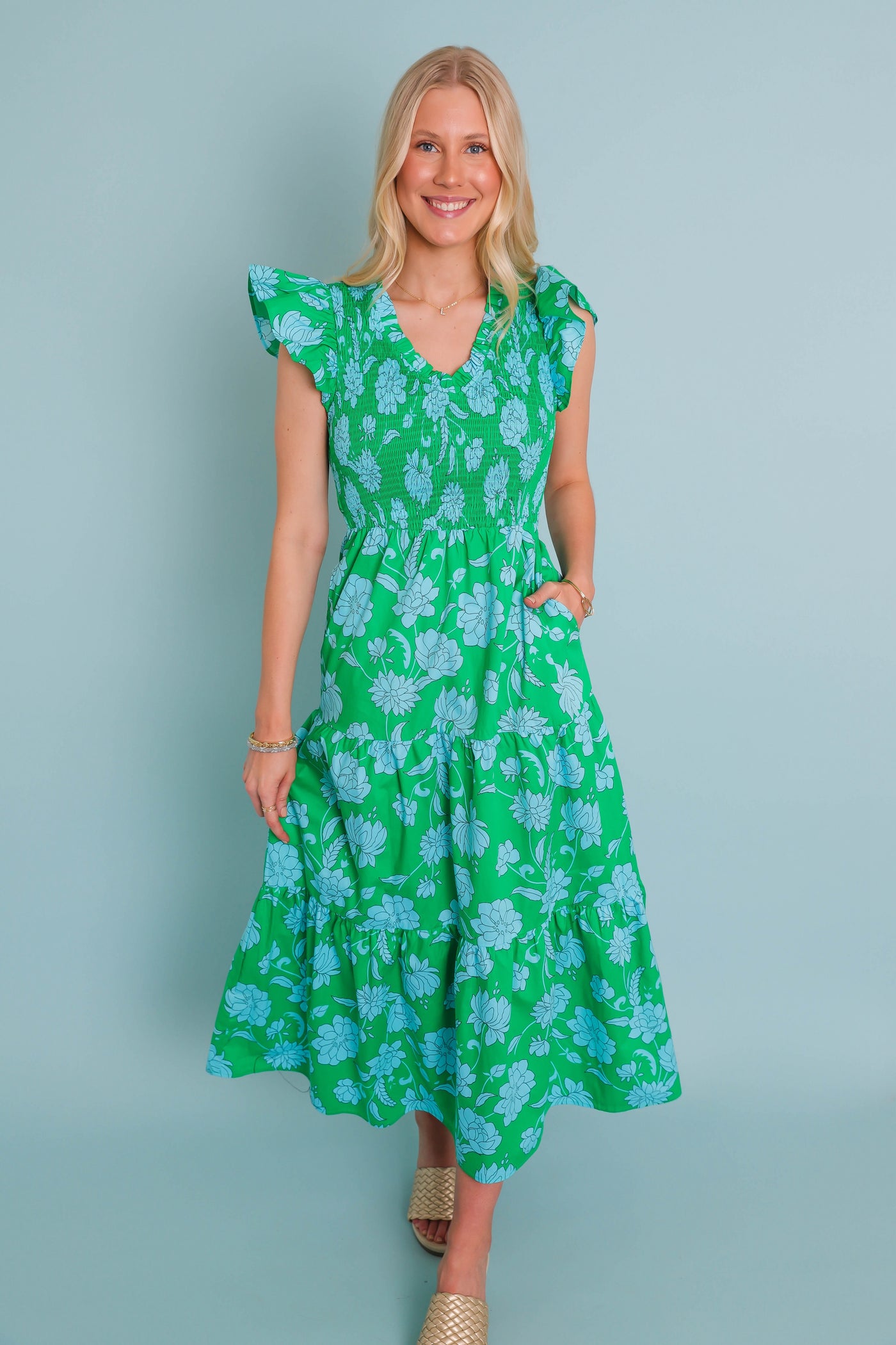 Women's Floral Smocked Midi Dress- Women's Green Floral Midi- Sugar Lips Midi Dress