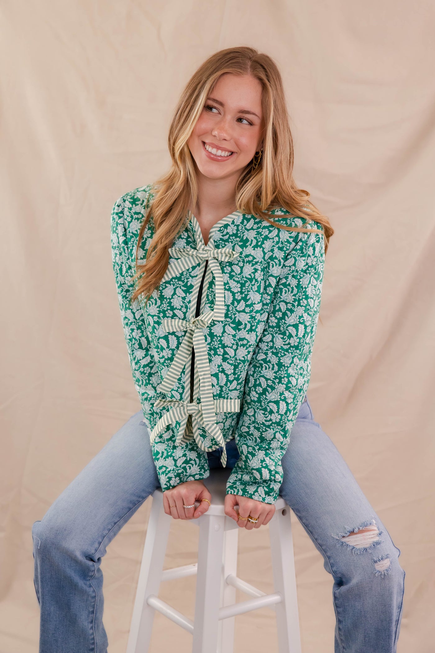 Green Floral Print Coat- Women's Floral Quilt Jacket- Bow Tie Quilted Jacket