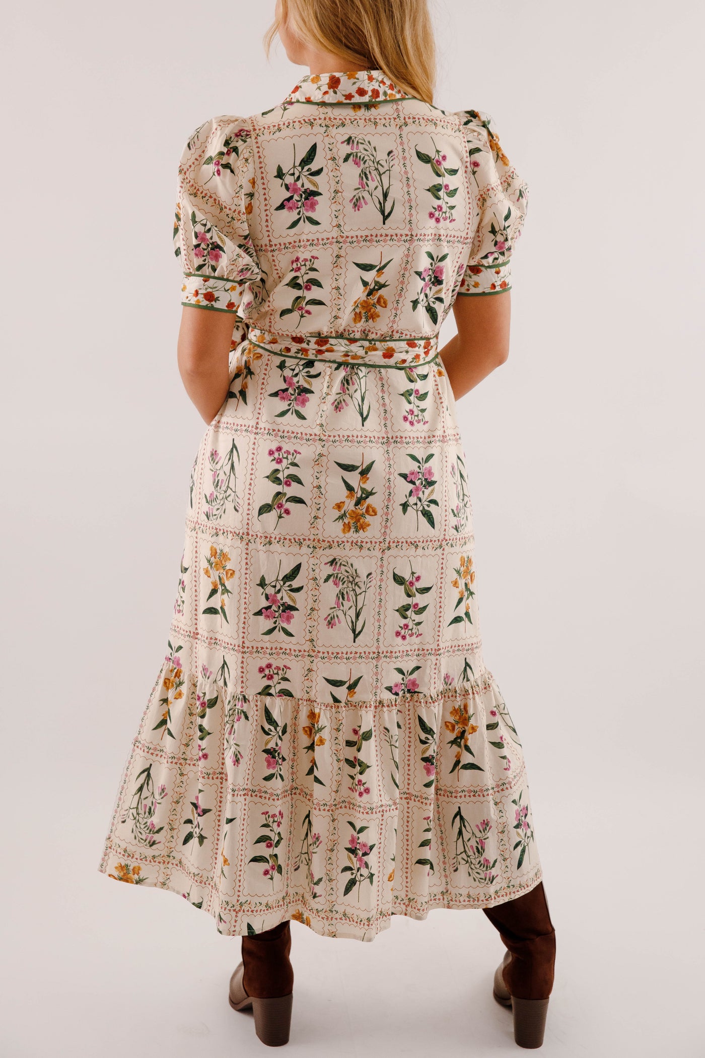 Floral Print Midi Dress- Women's Button Down Mid Dress- Entro Floral Midi