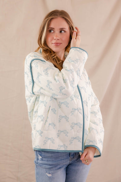 Quilted Blue Bow Jacket- Women's Ribbon Bow Jacket