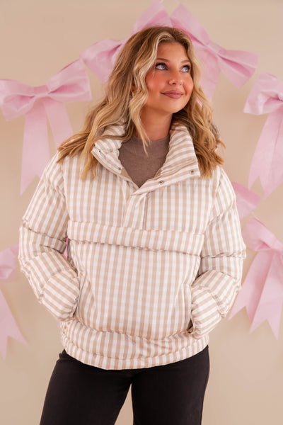 Gingham Puffer Pullover- Classic Beige Gingham Pullover- TCEC Gingham Puffer Jacket