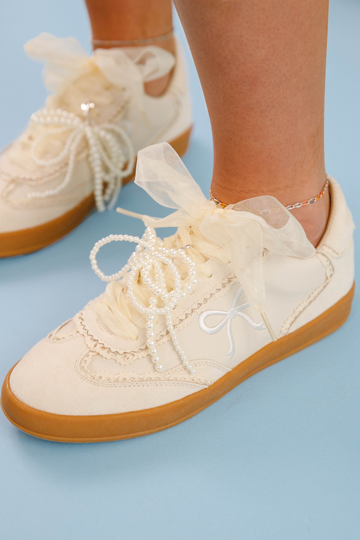 Pearl Bow Sneakers- Preppy Sneakers with Bow Shoe Charms- Miim Julie Sneaker
