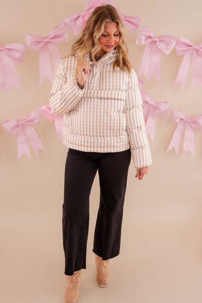 Gingham Puffer Pullover- Classic Beige Gingham Pullover- TCEC Gingham Puffer Jacket