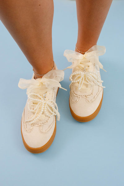 Pearl Bow Sneakers- Preppy Sneakers with Bow Shoe Charms- Miim Julie Sneaker