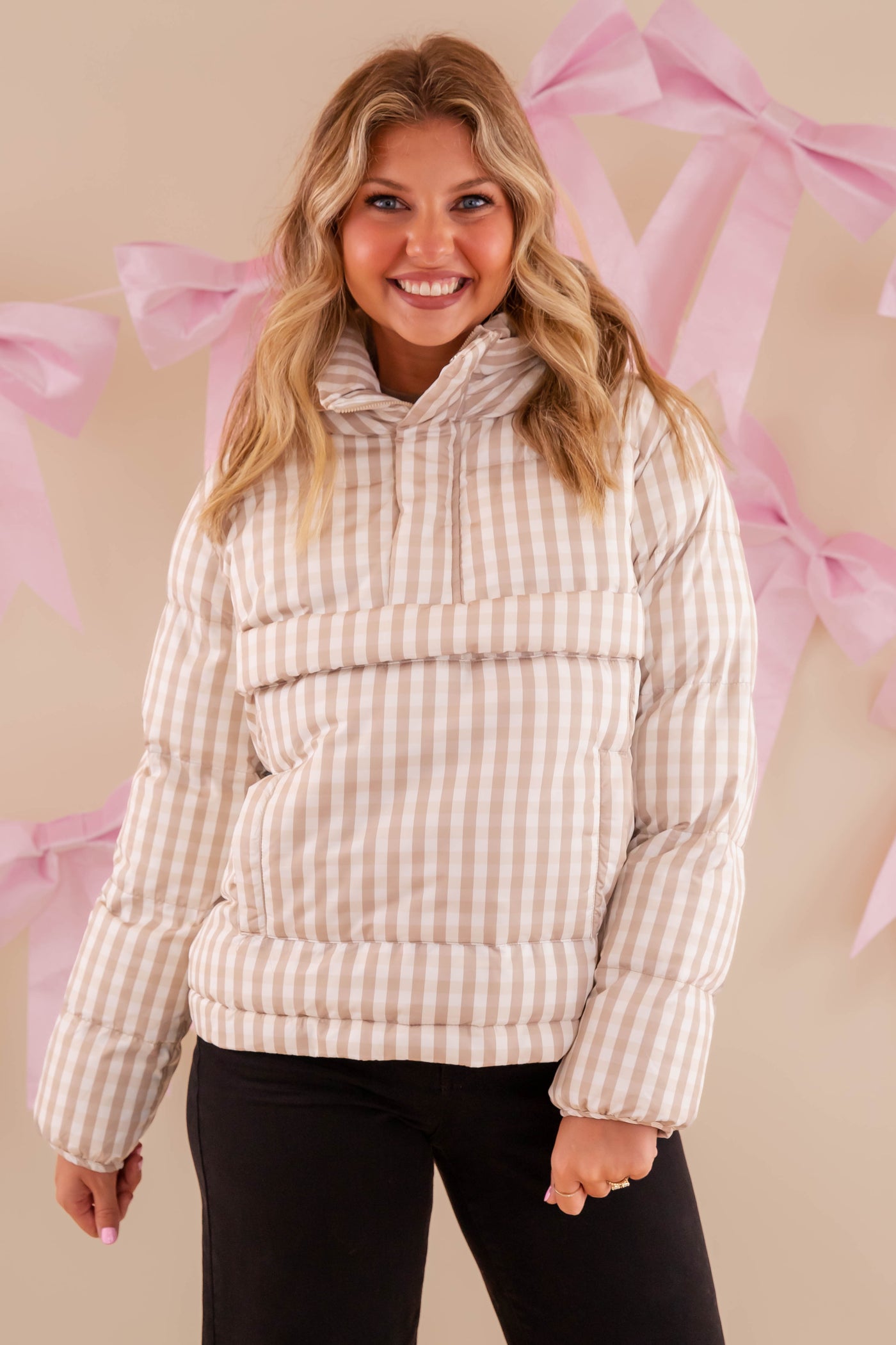 Gingham Puffer Pullover- Classic Beige Gingham Pullover- TCEC Gingham Puffer Jacket