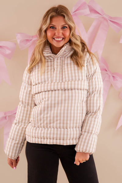 Gingham Puffer Pullover- Classic Beige Gingham Pullover- TCEC Gingham Puffer Jacket