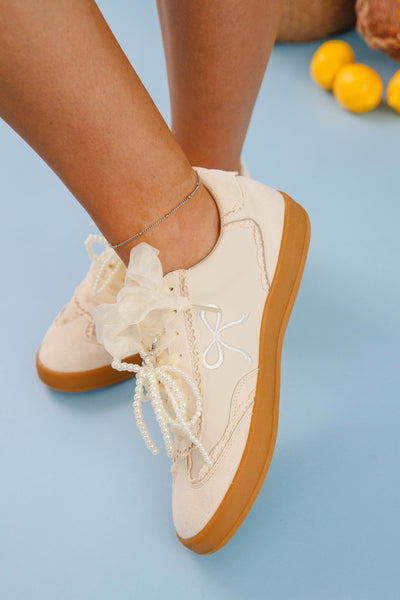 Pearl Bow Sneakers- Preppy Sneakers with Bow Shoe Charms- Miim Julie Sneaker