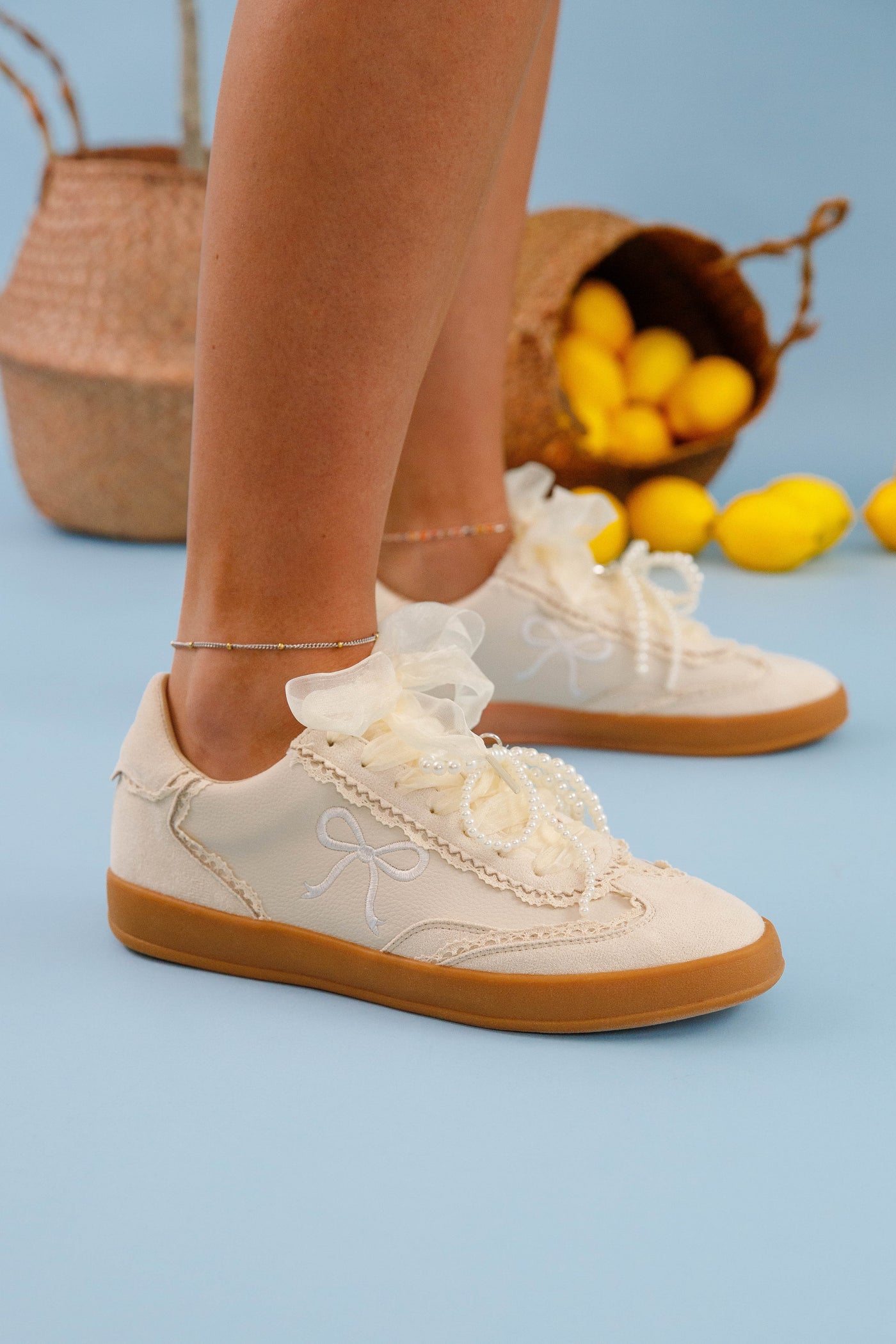 Pearl Bow Sneakers- Preppy Sneakers with Bow Shoe Charms- Miim Julie Sneaker