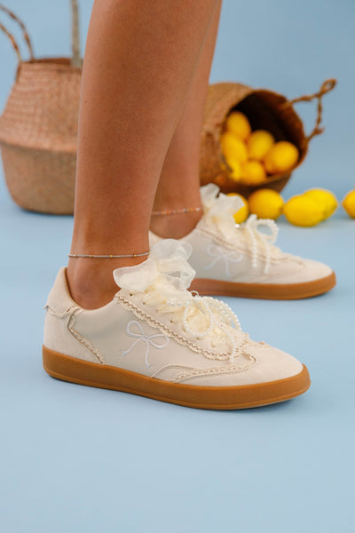 Pearl Bow Sneakers- Preppy Sneakers with Bow Shoe Charms- Miim Julie Sneaker