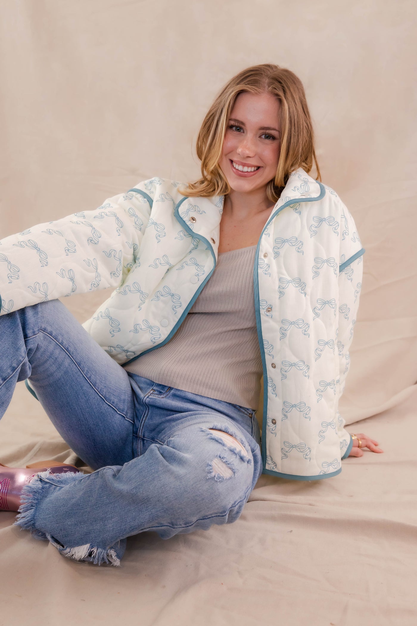 Quilted Blue Bow Jacket- Women's Ribbon Bow Jacket