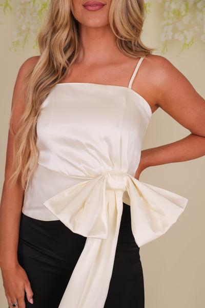 Women's Ivory Satin Top- Women's Ivory Bow Top- GLAM Satin Bow Top
