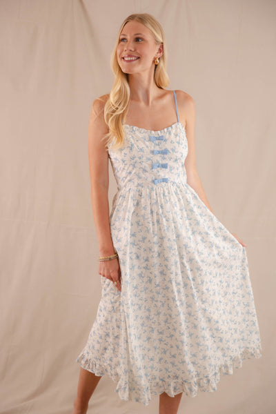 Ditzy Blue Floral Print Midi- Women's Bow Midi Dress- Cottagecore Dresses