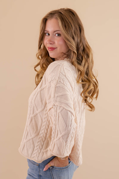 Cream Cable Knit Sweater- Light Weight Cable Knit Sweater- Entro Cable Knit Sweater