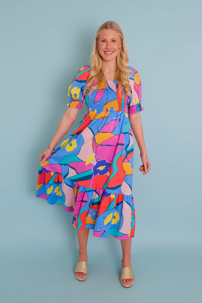 Women's Colorful Print Midi Dress- Women's Modest Dresses- Fun Colorful Dress For Women