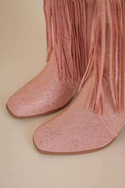 Women's Pink Rhinestone Fringe Boots- Tall Rhinestone Fringe Boots- Pierre Dumas Rhinestone Pink Boots