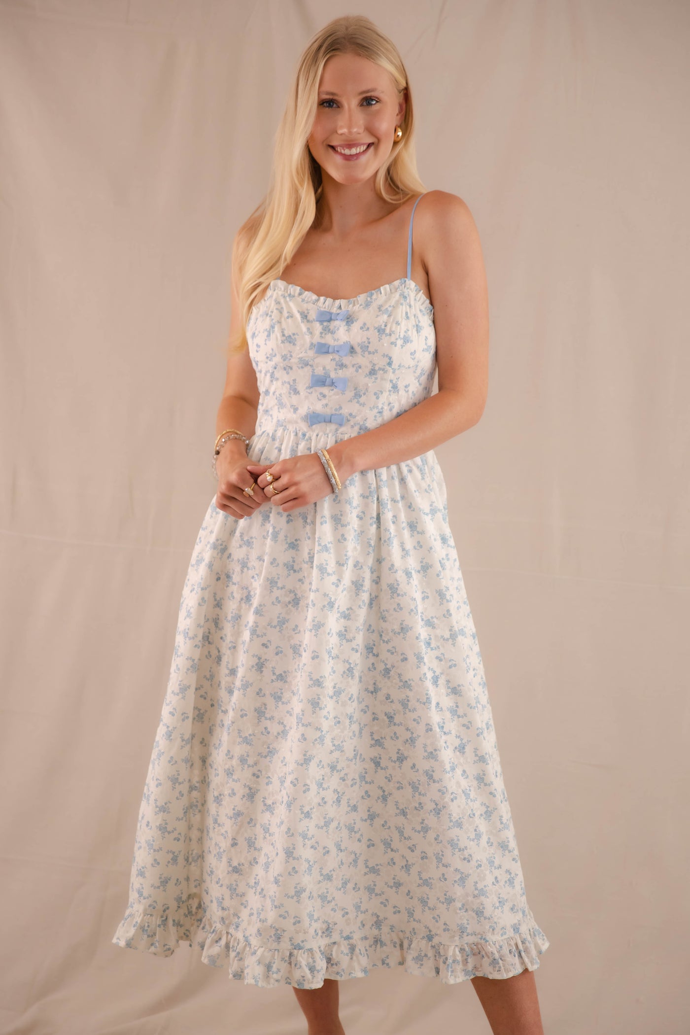 Ditzy Blue Floral Print Midi- Women's Bow Midi Dress- Cottagecore Dresses