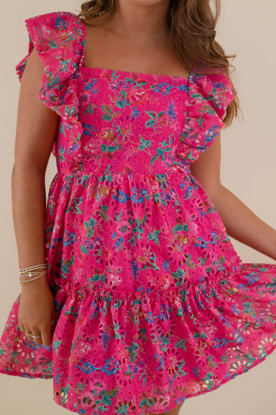 Women's Pink Eyelet Dress- Colorful Summer Dresses- Women's Floral Print Dress