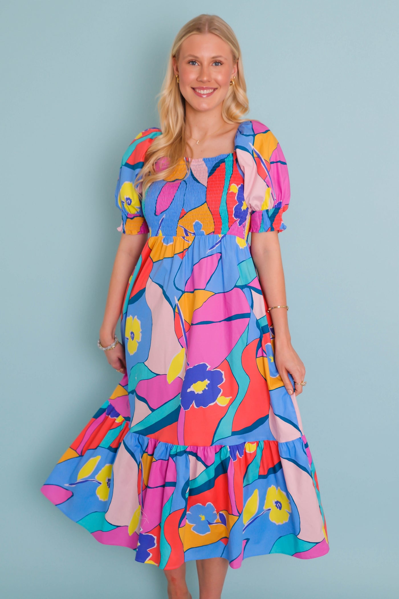 Women's Colorful Print Midi Dress- Women's Modest Dresses- Fun Colorful Dress For Women