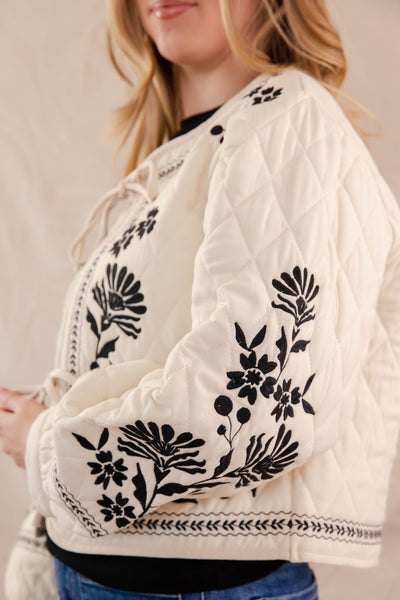 Floral Embroidery Quilted Jacket- Women's Boxy Quilt Jacket- Front Tie Coat