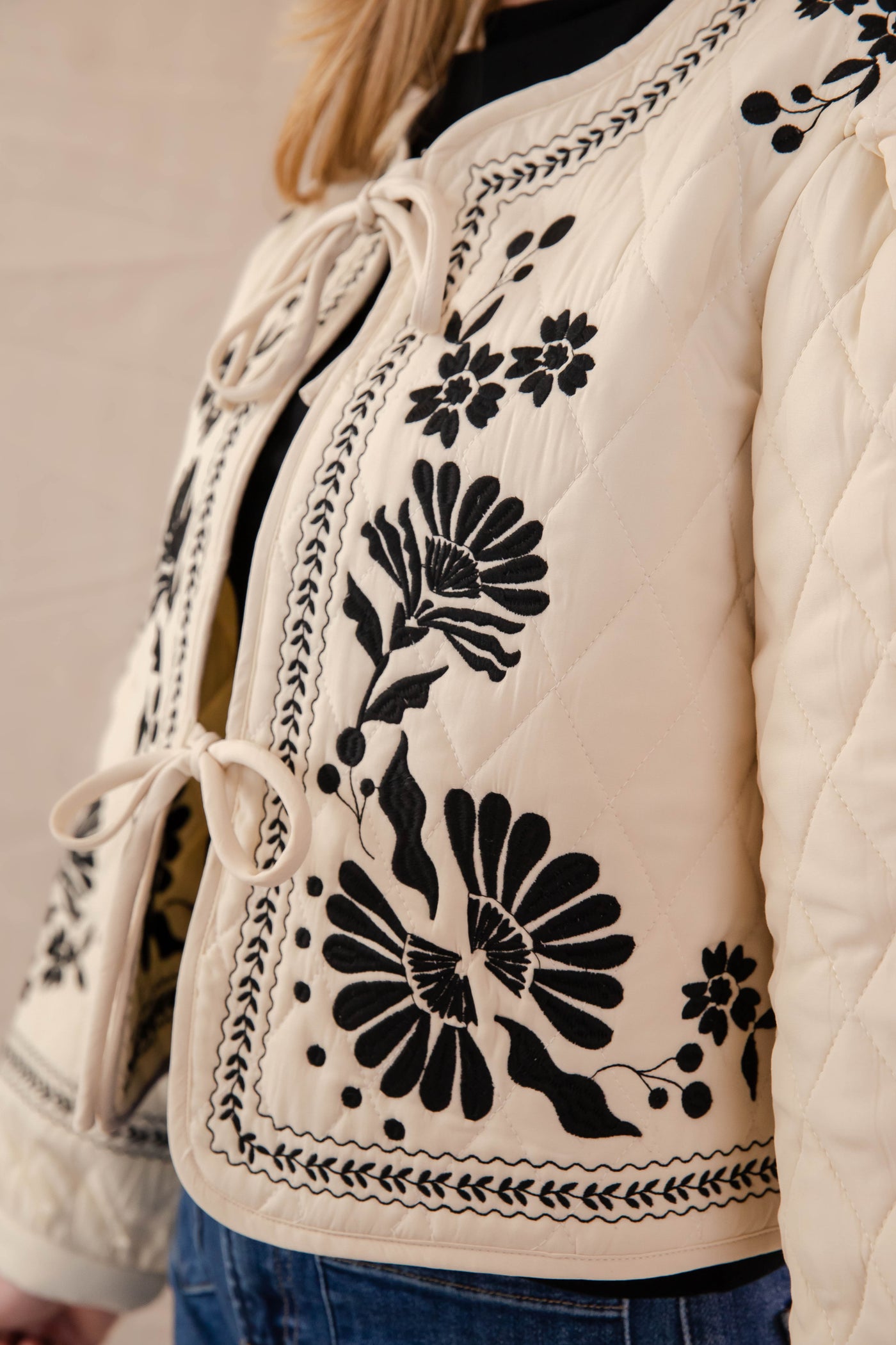 Floral Embroidery Quilted Jacket- Women's Boxy Quilt Jacket- Front Tie Coat