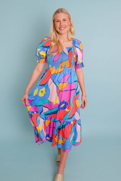 Women's Colorful Print Midi Dress- Women's Modest Dresses- Fun Colorful Dress For Women