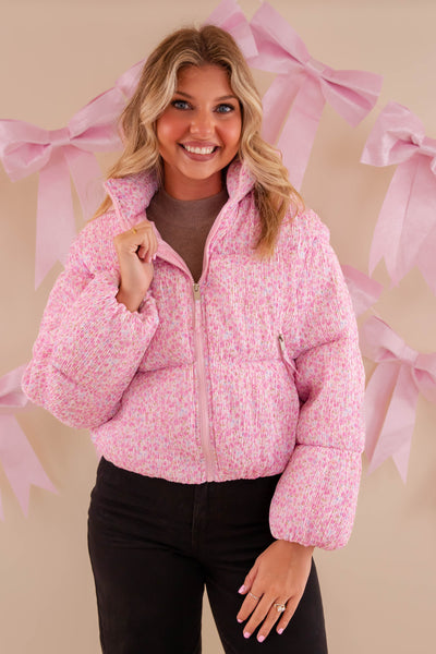 Pink Floral Puffer Jacket- Women's Preppy Floral Puffer Coat- TCEC Floral Puffer Jacket