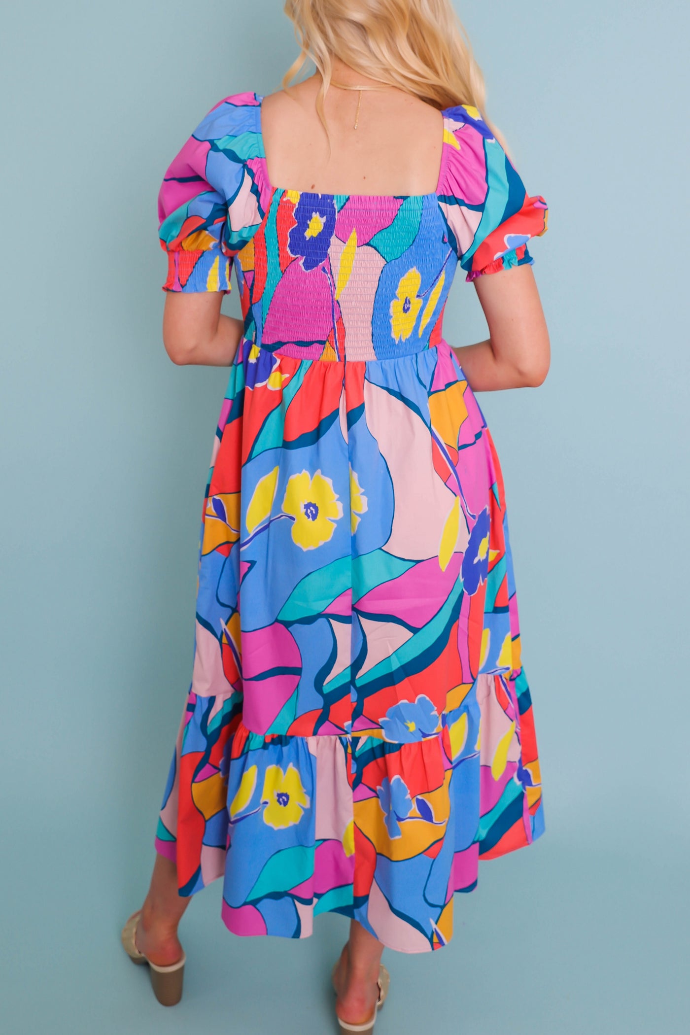 Women's Colorful Print Midi Dress- Women's Modest Dresses- Fun Colorful Dress For Women