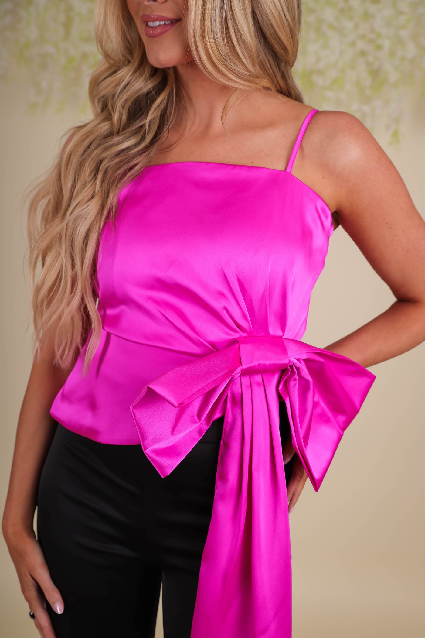 Women's Pink Satin Top- Women's Pink Bow Top- GLAM Satin Bow Top