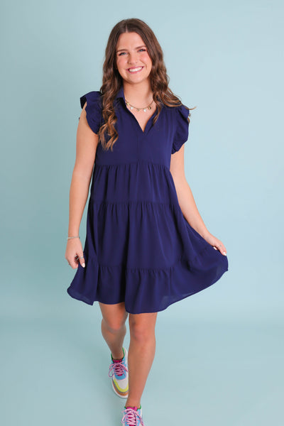 Solid Navy Dress For Women- Flutter Sleeve Navy Dress- Umgee Dresses