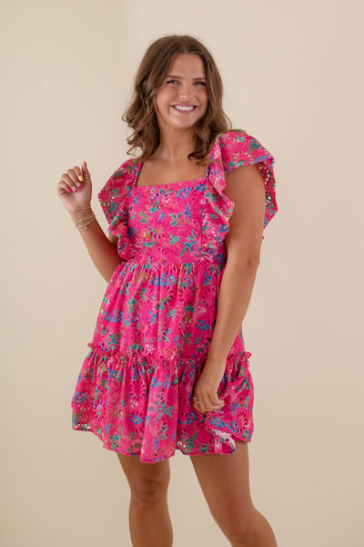 Women's Pink Eyelet Dress- Colorful Summer Dresses- Women's Floral Print Dress