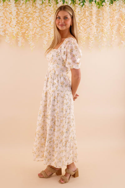 Women's Chiffon Midi Dress- Yellow Flower Print Dress- Women's Conservative Dresses