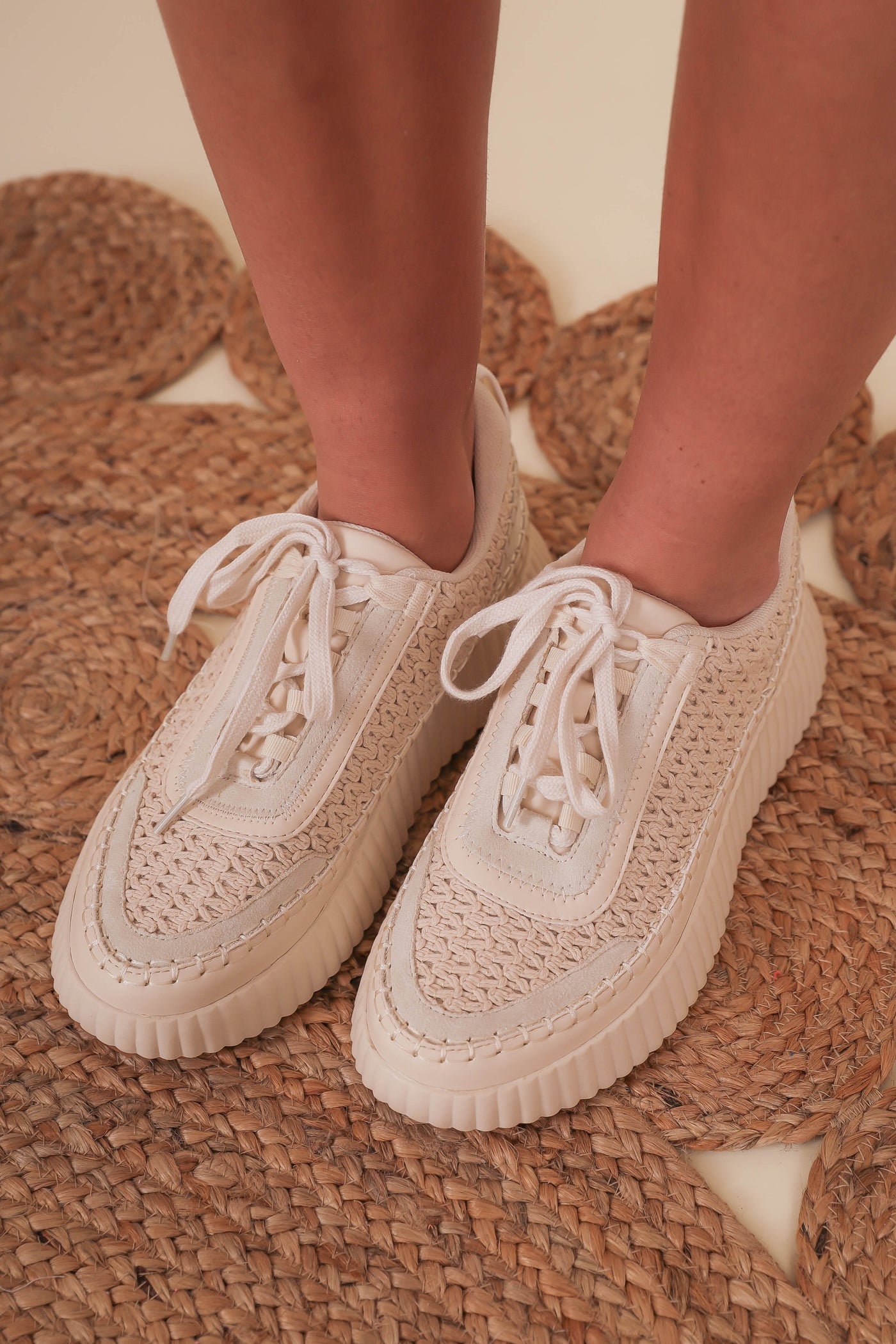 Beige Knit Sneakers- Women's Trendy Platform Sneakers- Dulce Knit Sneakers