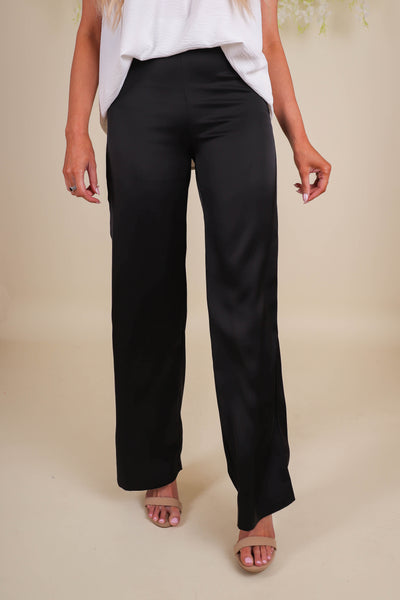 Black Satin Wide Leg Pants- Women's Satin Pants- GLAM Black Satin Pants