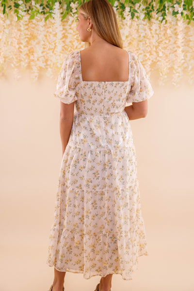 Women's Chiffon Midi Dress- Yellow Flower Print Dress- Women's Conservative Dresses