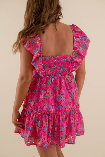 Women's Pink Eyelet Dress- Colorful Summer Dresses- Women's Floral Print Dress