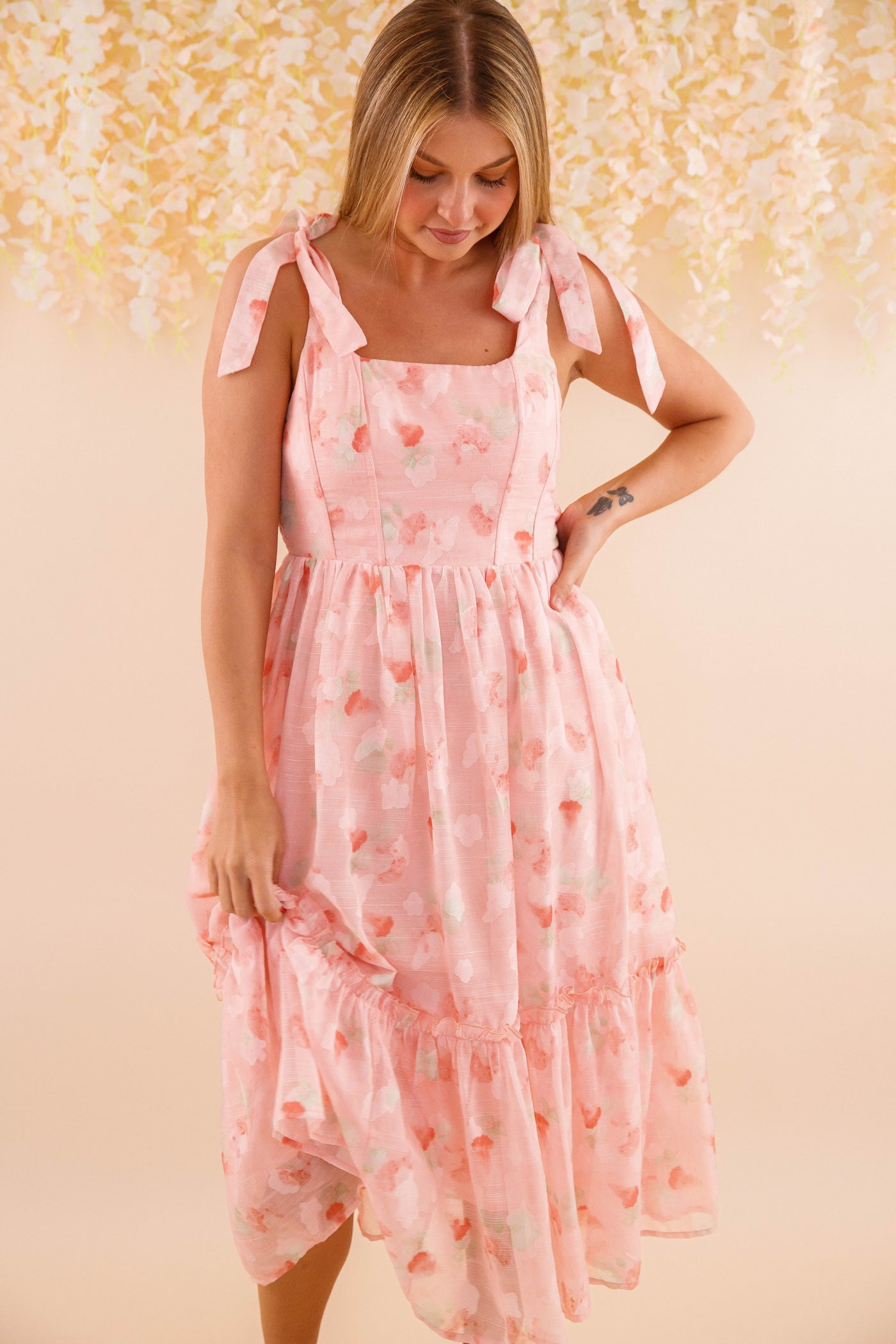 Corset Style Ribbon Midi Dress- Women's Romantic Blush Pink Midi