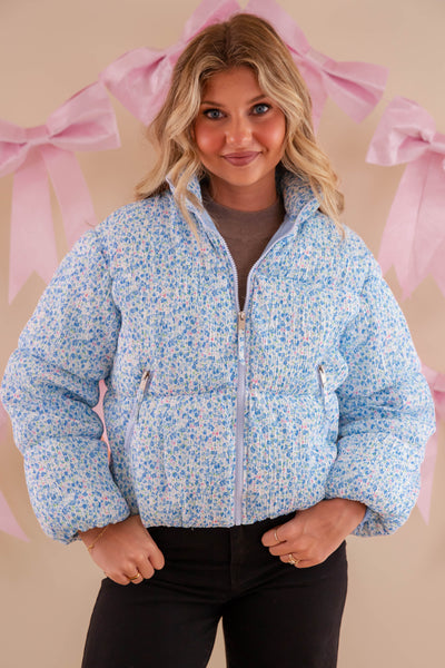 Blue Floral Puffer Jacket- Women's Preppy Floral Puffer Coat- TCEC Floral Puffer Jacket