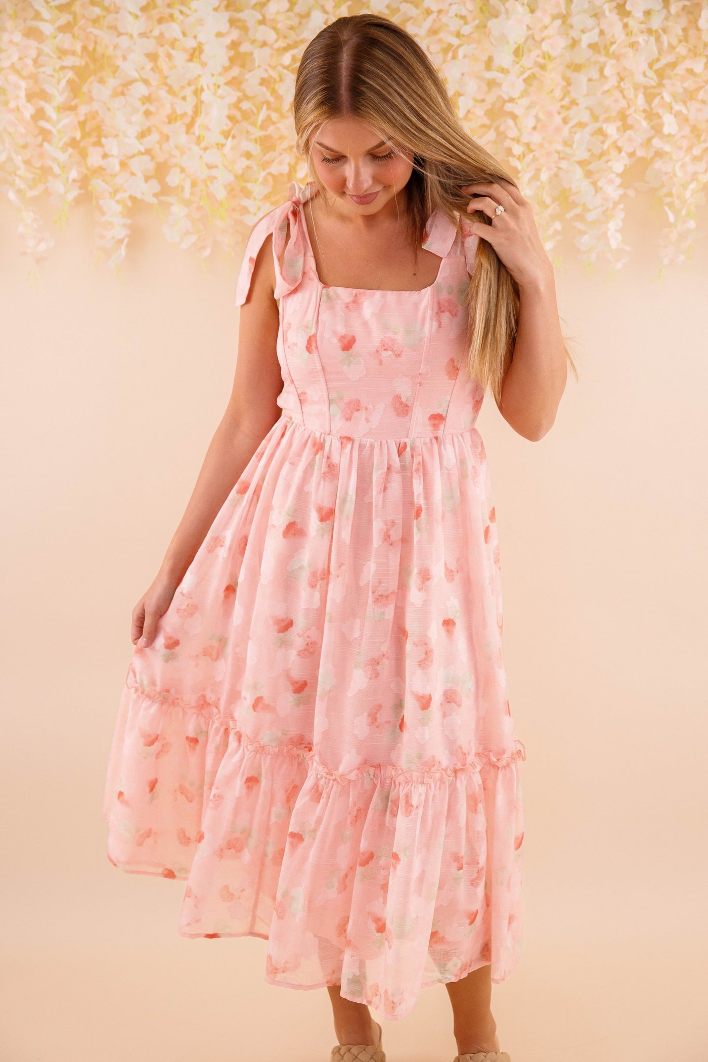 Corset Style Ribbon Midi Dress- Women's Romantic Blush Pink Midi
