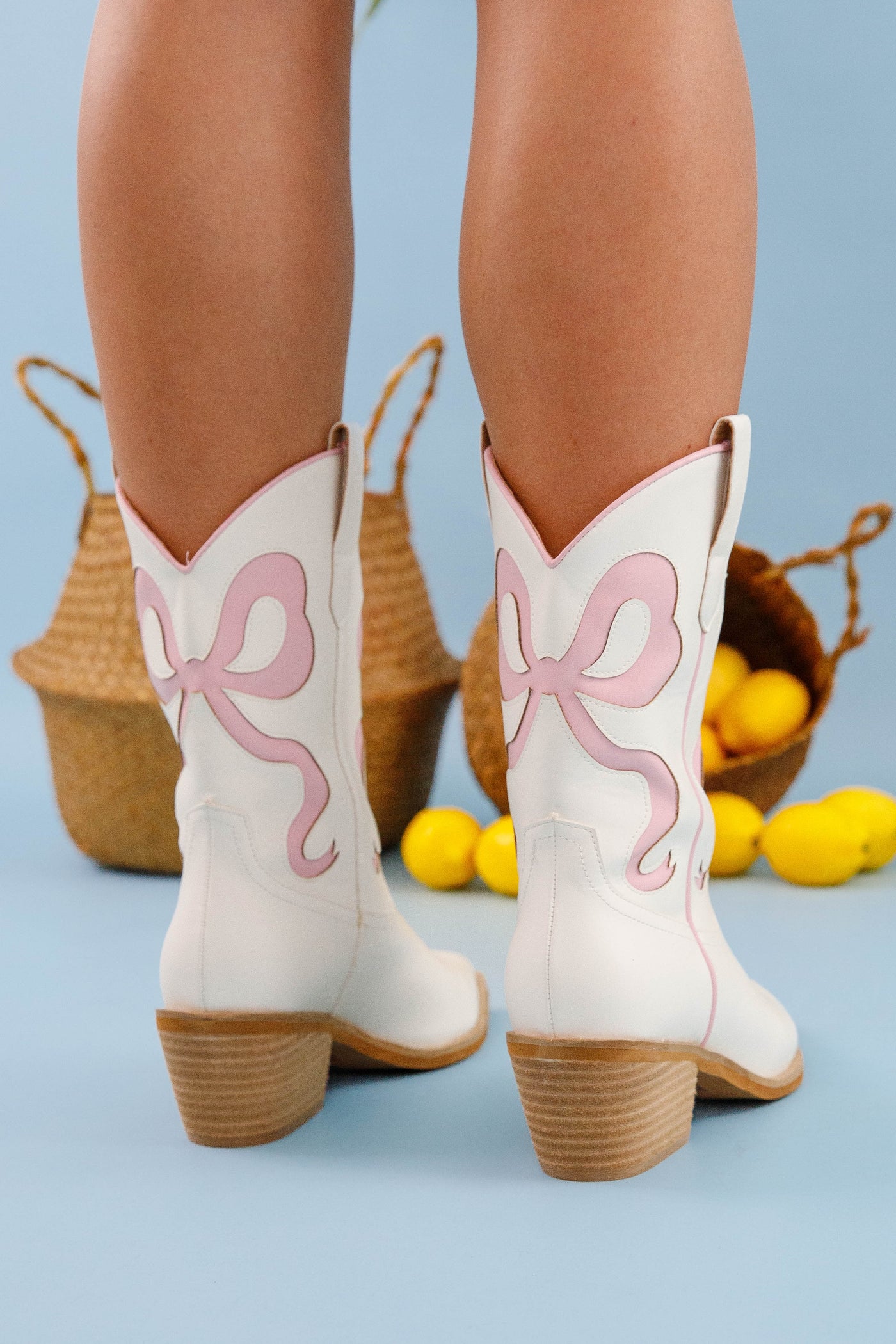 White and Pink Bow Cowboy Boots- Blush Pink Bow Cowboy Boots- Preppy Bow Boots
