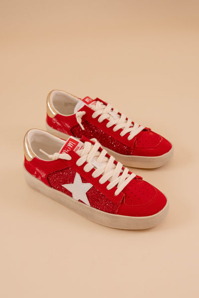 Trendy Star Sneakers- Women's Red Glitter Distressed Sneakers- MiiM Sneakers