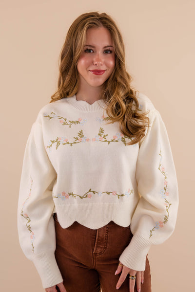 Floral Embroidered Sweater- Scalloped Floral Sweater- Mable Floral Sweater 