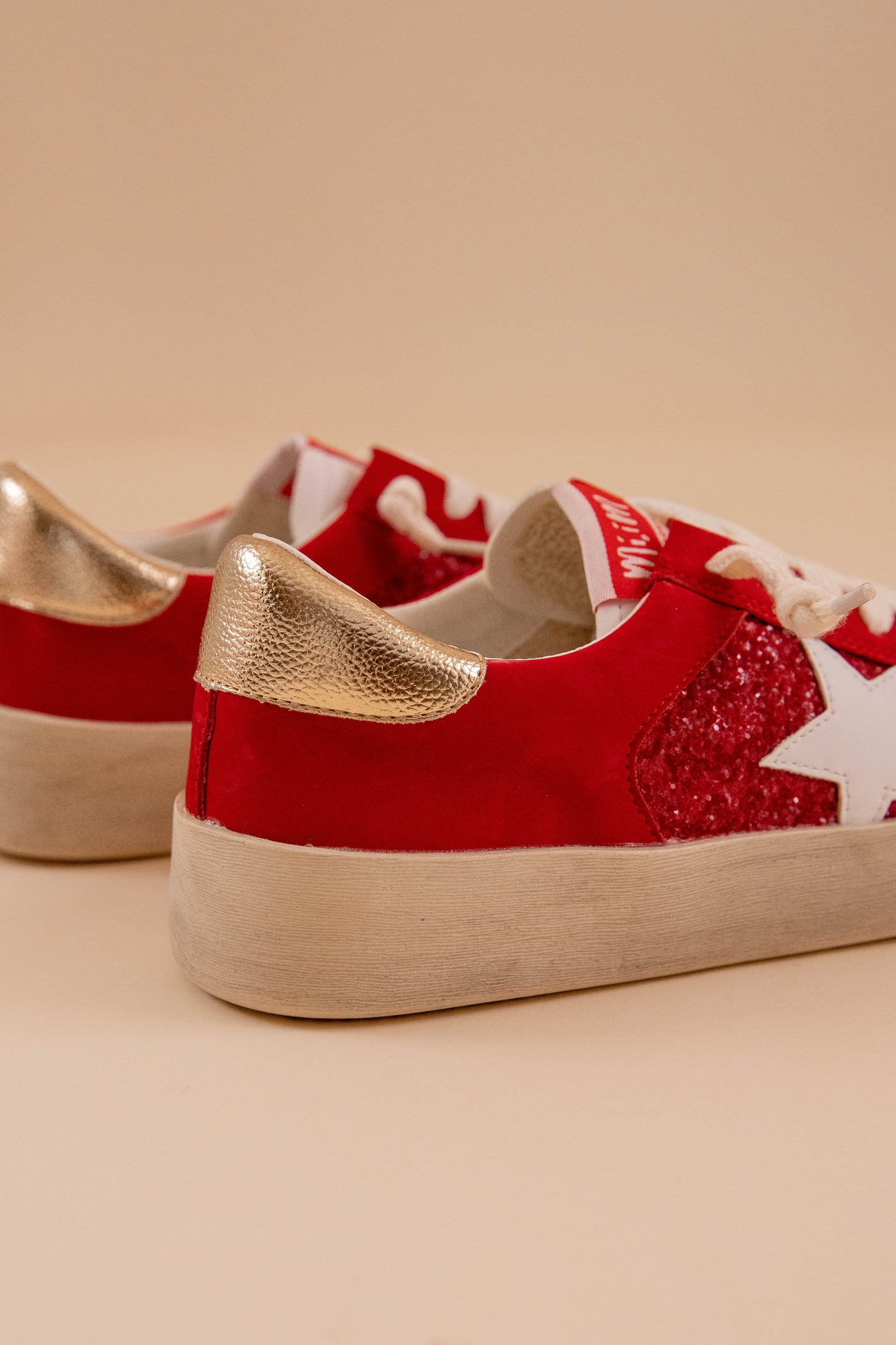 Trendy Star Sneakers- Women's Red Glitter Distressed Sneakers- MiiM Sneakers