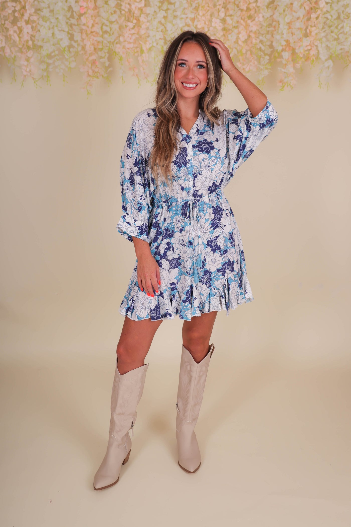 Blue Floral Print Dress- Retro Style Dress- Women's Blue Dress