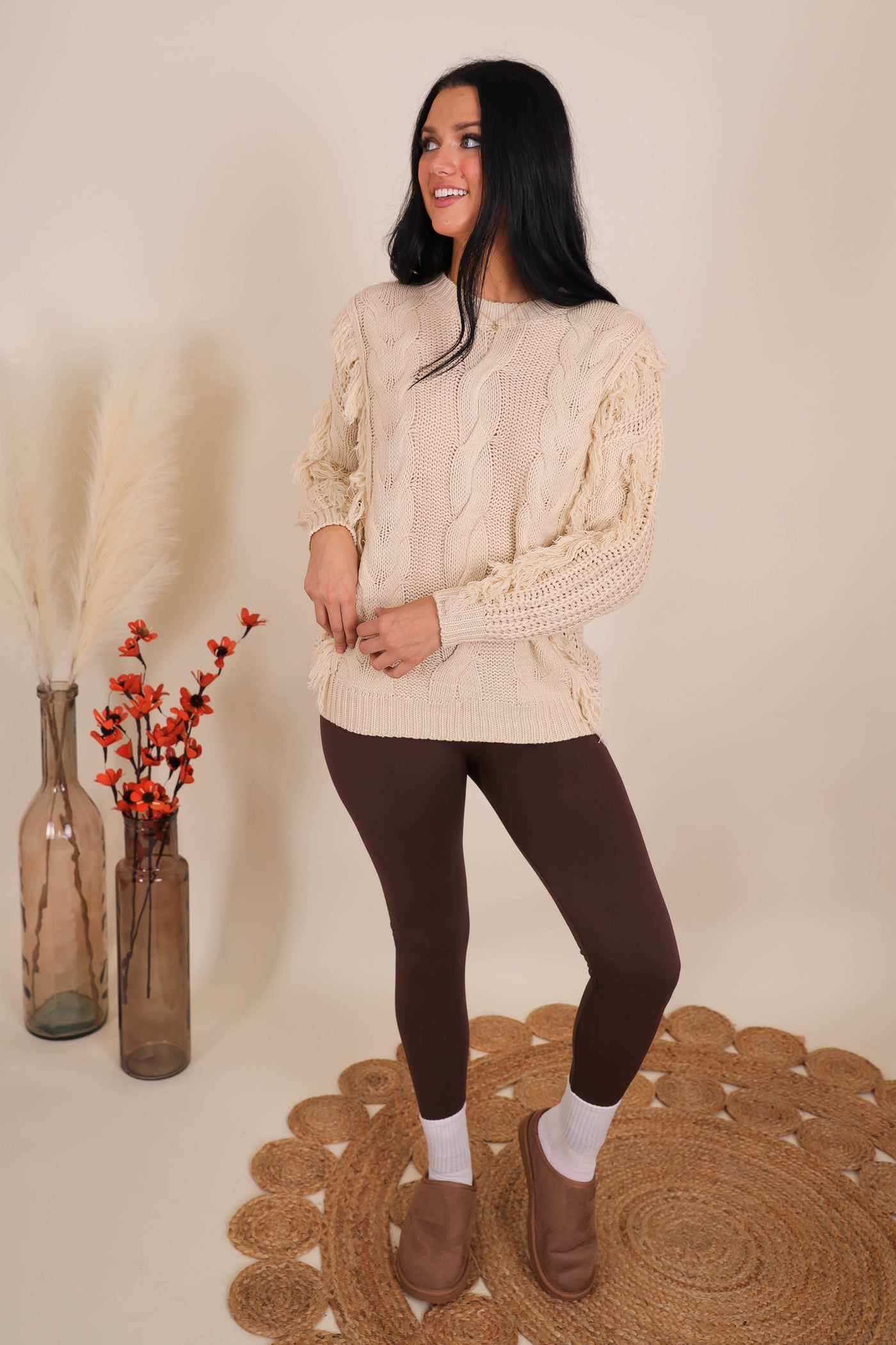 Women's Cable Knit Sweater with Fringe- Light Weight Fringe Sweater- And The Why Sweater
