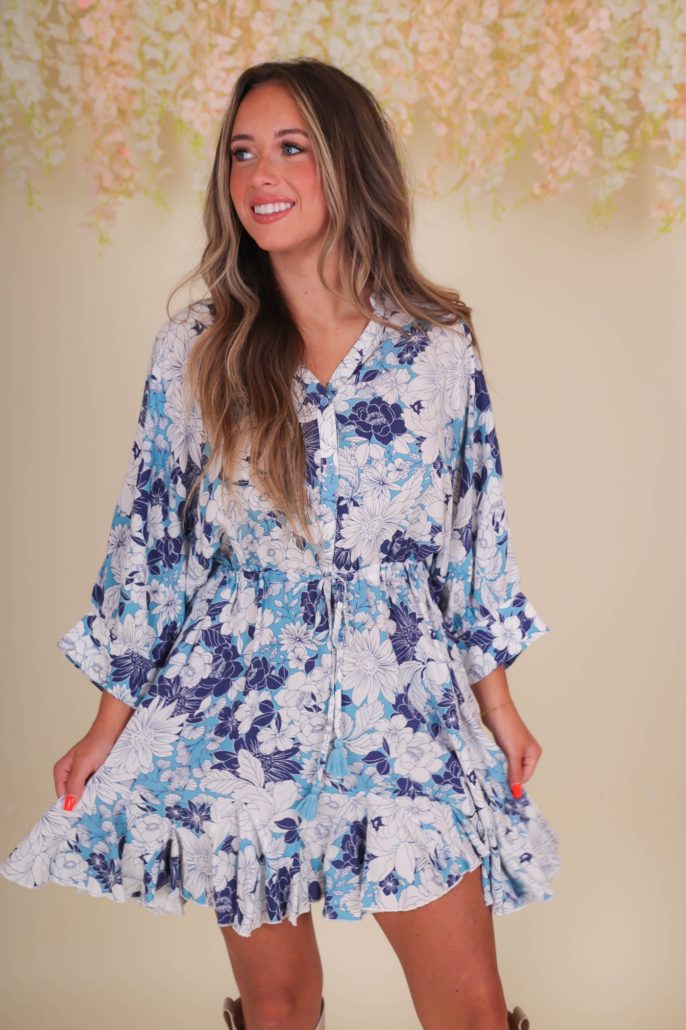 Blue Floral Print Dress- Retro Style Dress- Women's Blue Dress