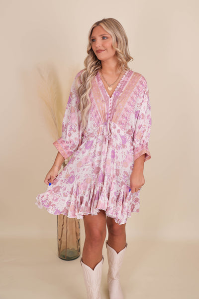 Flowy Fun Lilac Dress- Floral Print Dress- Mini Dresses- Aakaa Dress