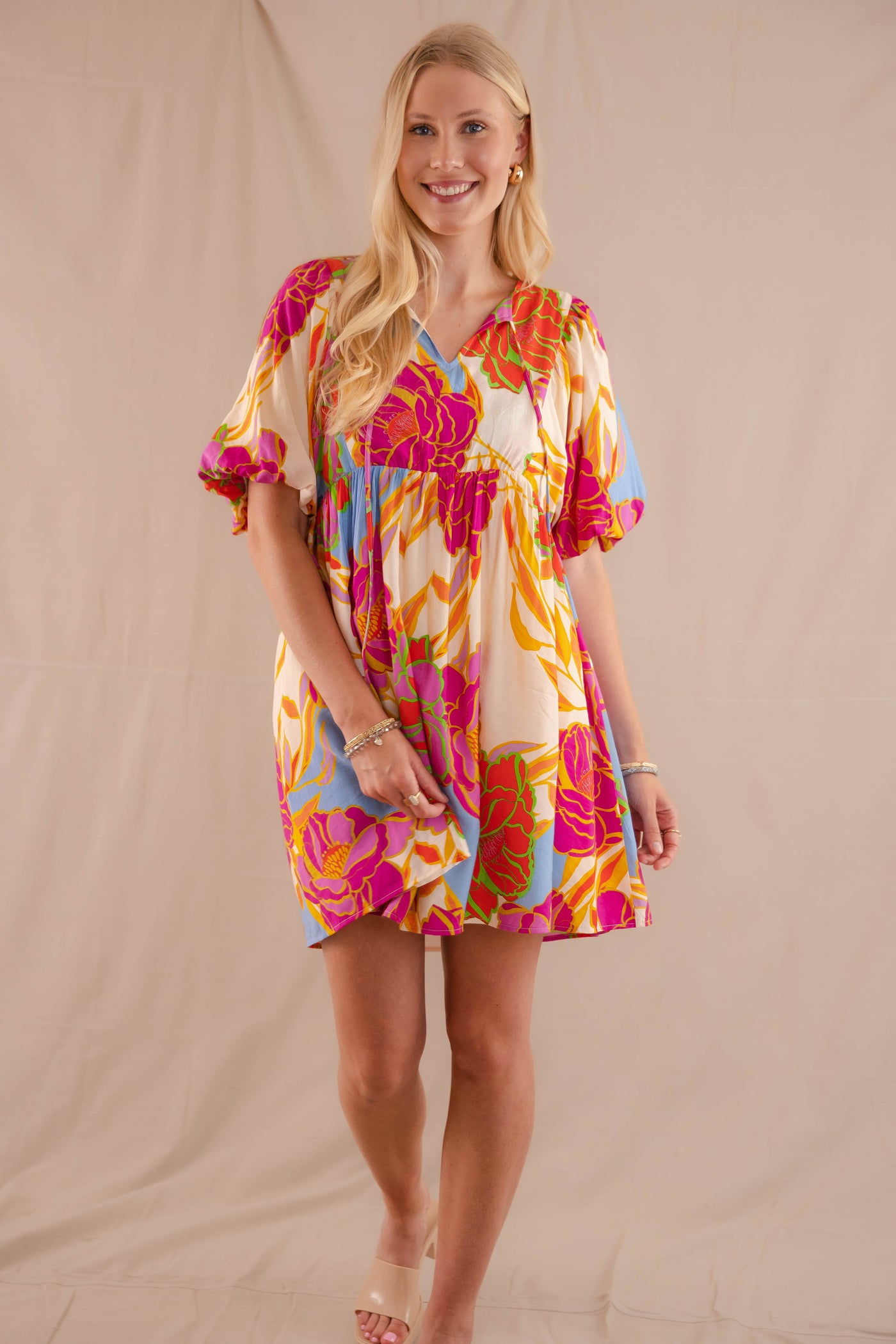 Women's Large Floral Print Dress- Women's Boho Mini Dress