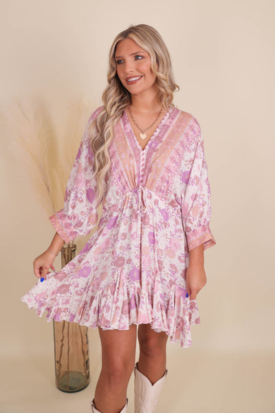 Flowy Fun Lilac Dress- Floral Print Dress- Mini Dresses- Aakaa Dress